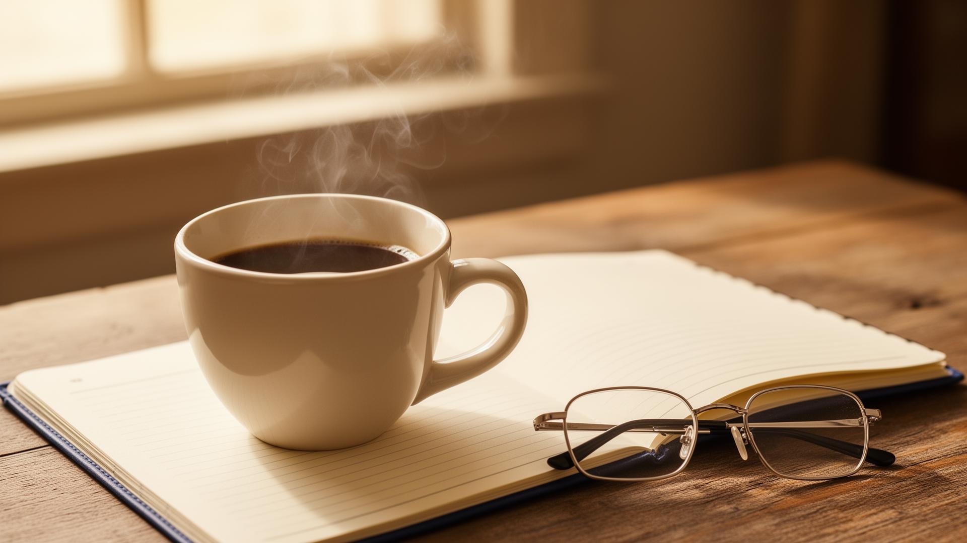 A steaming mug of coffee on an open notebook with reading glasses