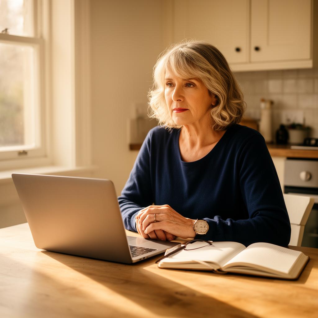 A woman in her late 50s working calmly at a sunlit kitchen table with a laptop and notebook