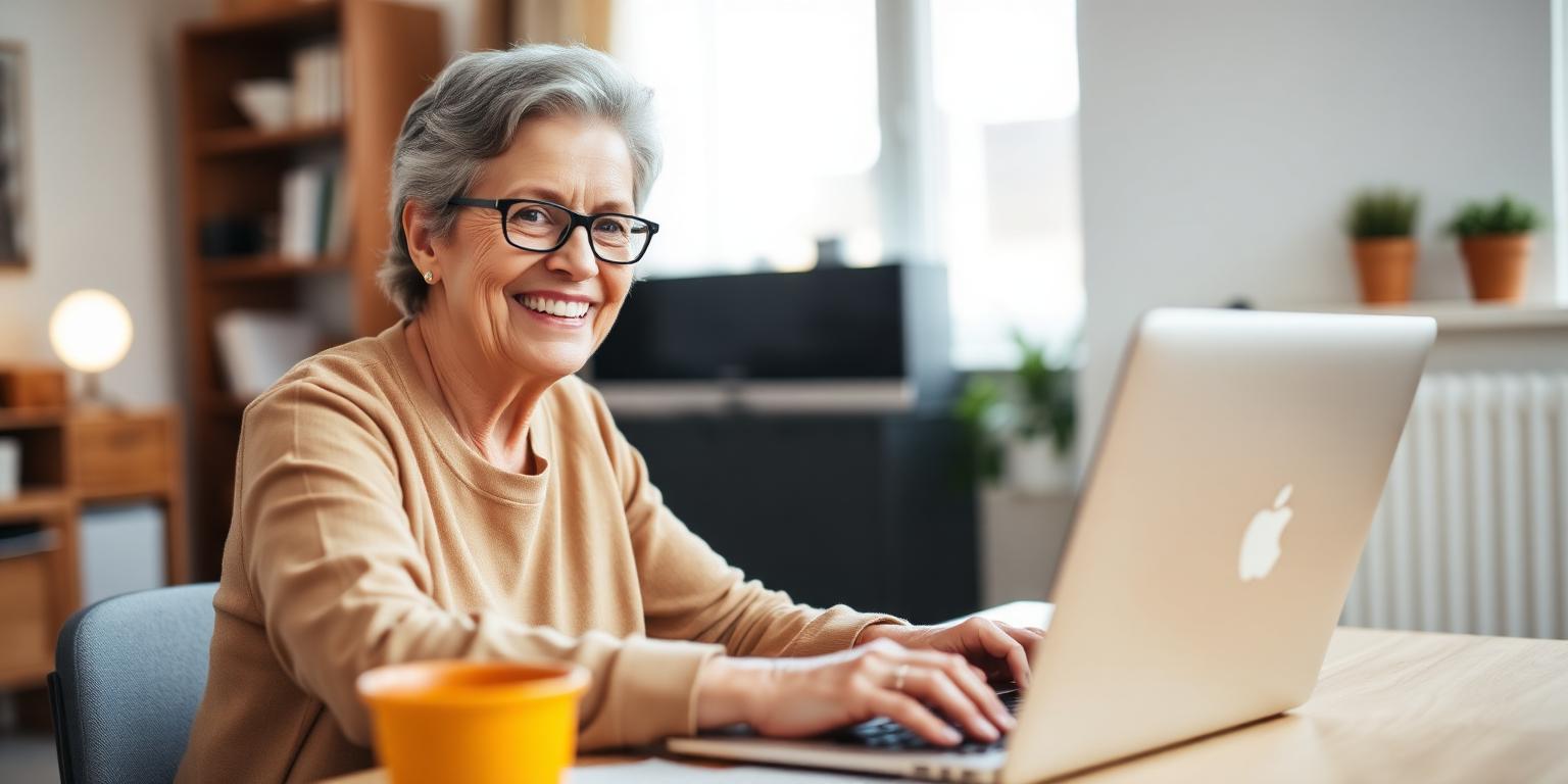 A confident person in their 60s smiling while working at a laptop