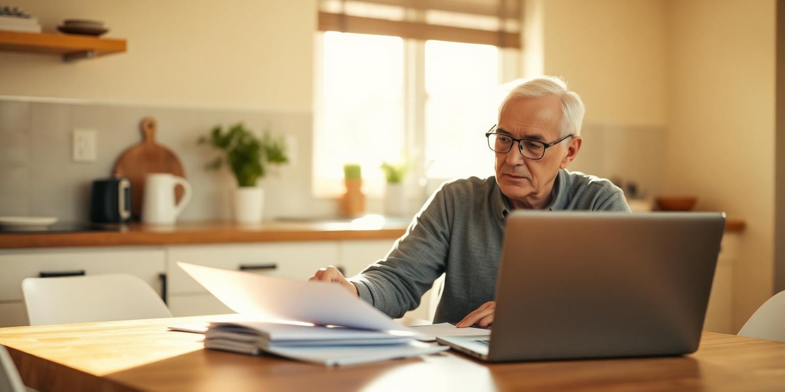 A mature adult calmly reviewing financial documents at a sunlit kitchen table