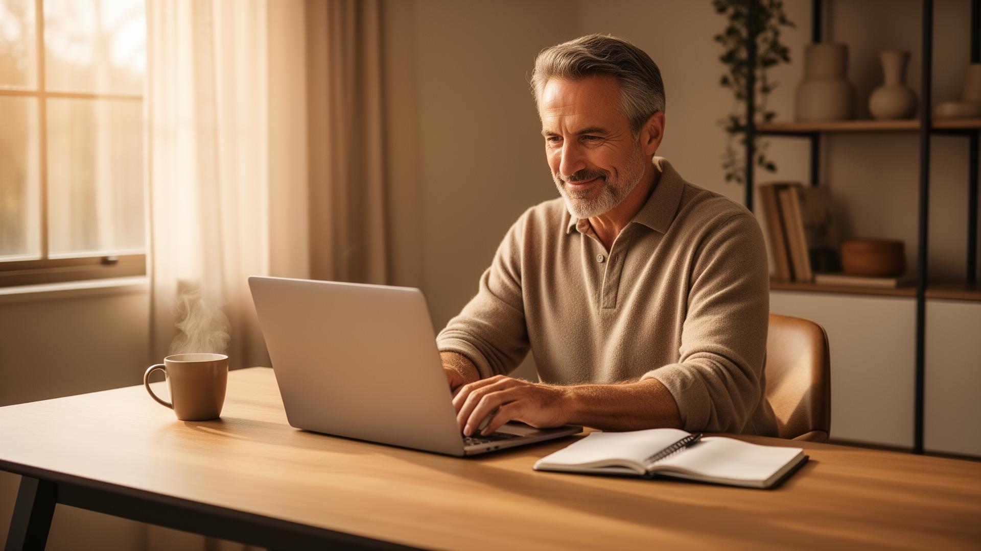 A man in his 50s working at his home desk with a laptop and coffee